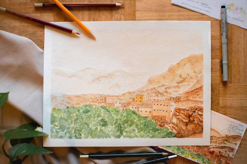 Illustration von einer Bergansicht in Marokko. Farben abgestimmt auf Geldscheine, um daraus ein einzigartiges Geldgeschenk entstehen zu lassen